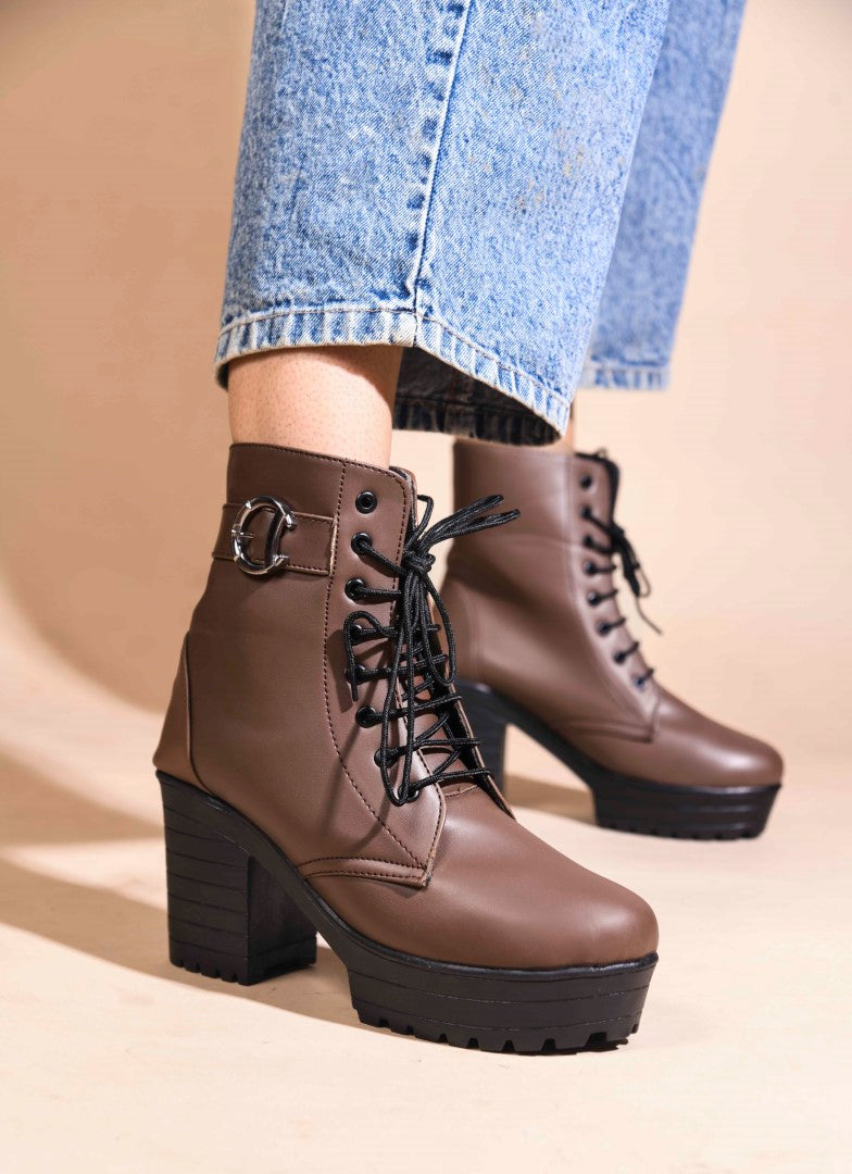 Jm Looks lace-up combat boots with a thick sole and a side buckle detail
Brown
