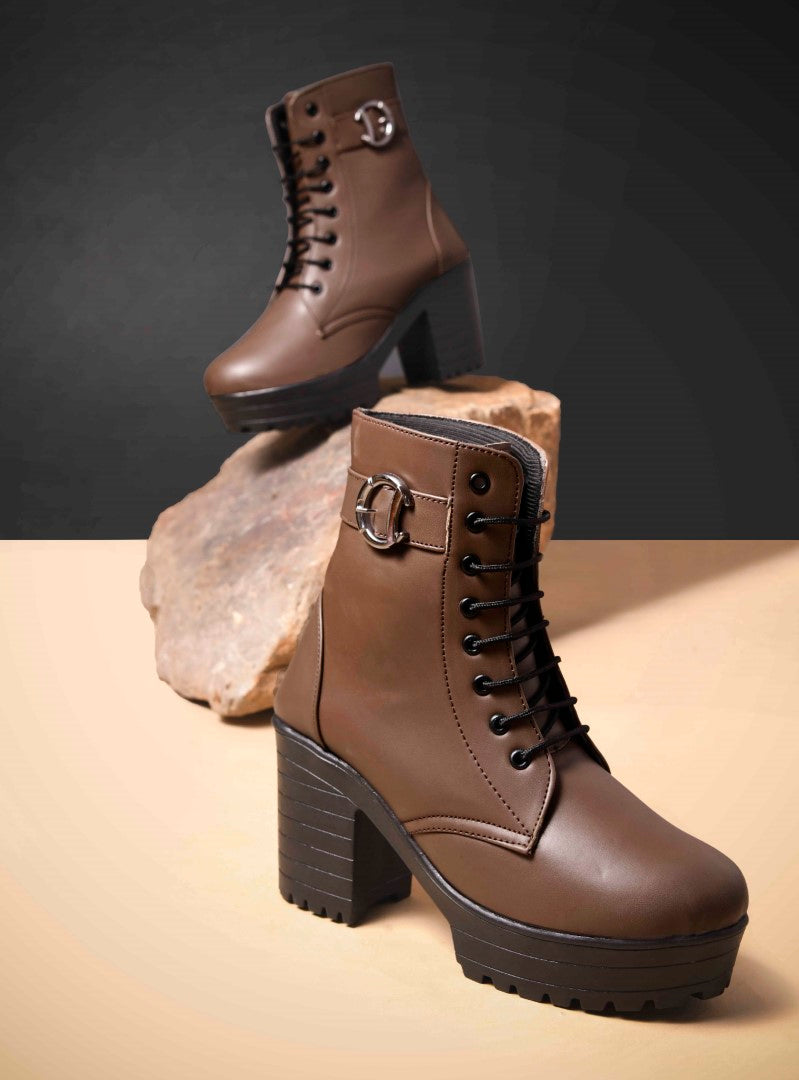 Jm Looks lace-up combat boots with a thick sole and a side buckle detail
Brown