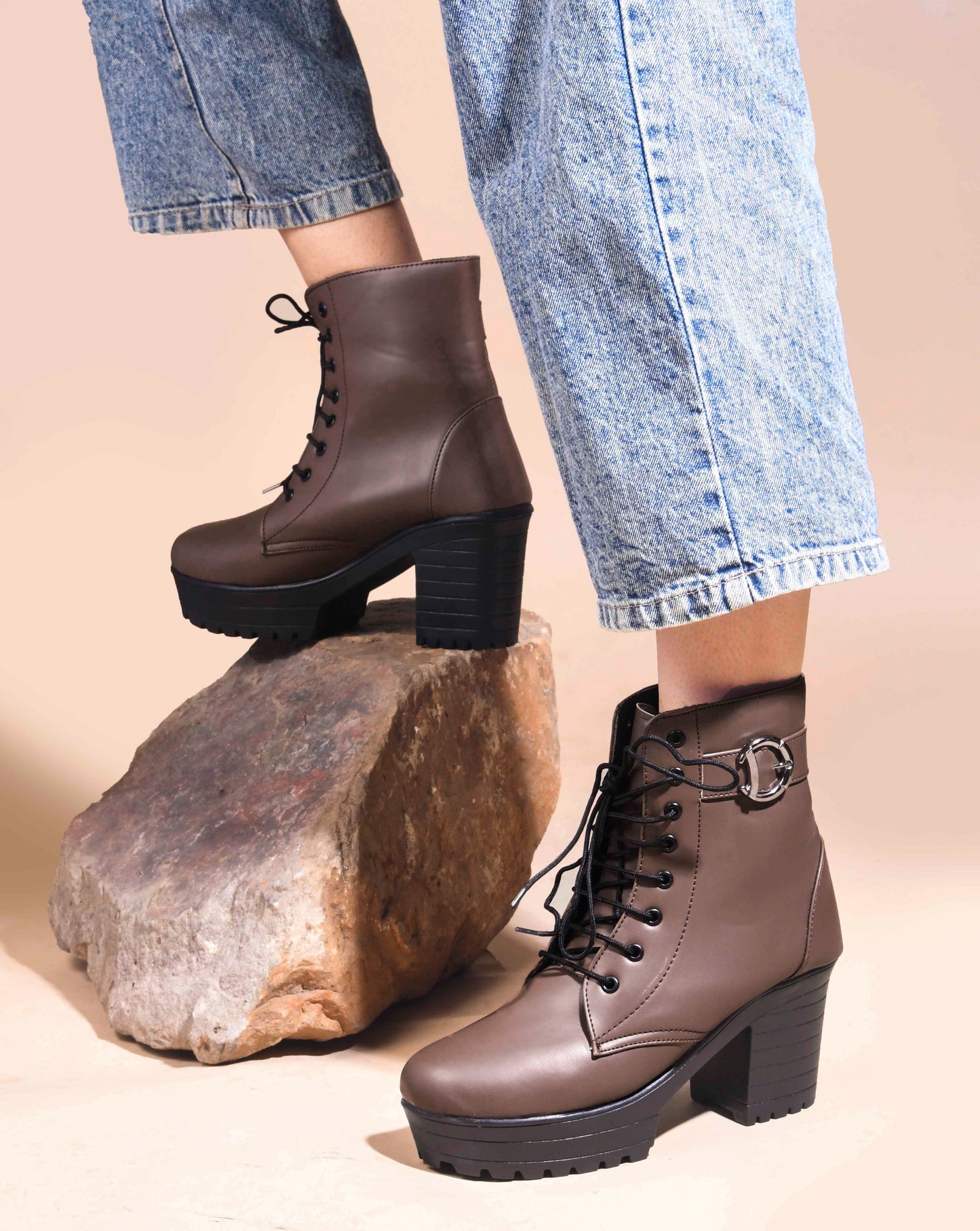 Jm Looks lace-up combat boots with a thick sole and a side buckle detail
Brown