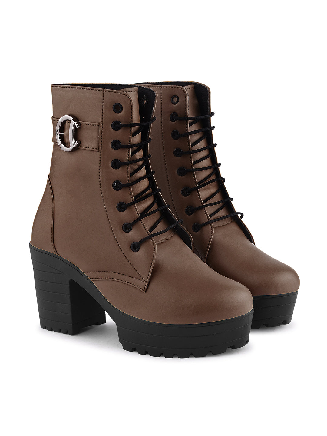 Jm Looks lace-up combat boots with a thick sole and a side buckle detail
Brown