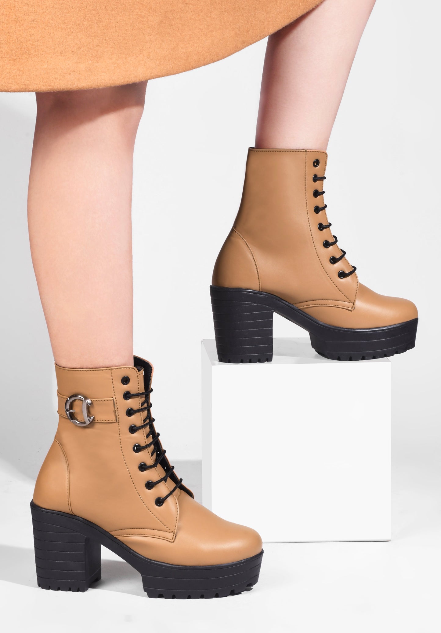 Jm Looks lace-up combat boots with a thick sole and a side buckle detail
Tan