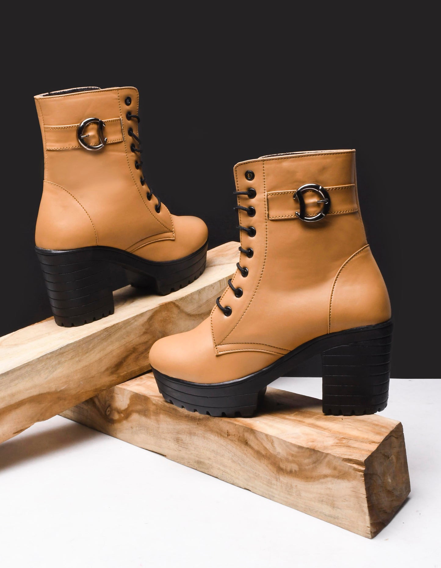 Jm Looks lace-up combat boots with a thick sole and a side buckle detail
Tan