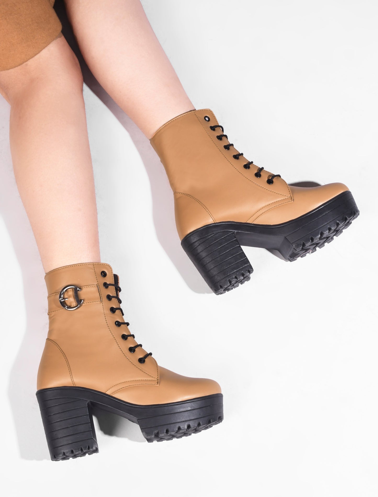 Jm Looks lace-up combat boots with a thick sole and a side buckle detail
Tan
