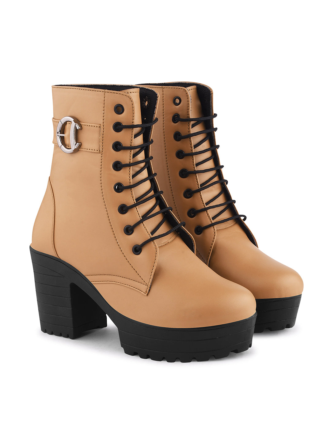 Jm Looks lace-up combat boots with a thick sole and a side buckle detail
Tan