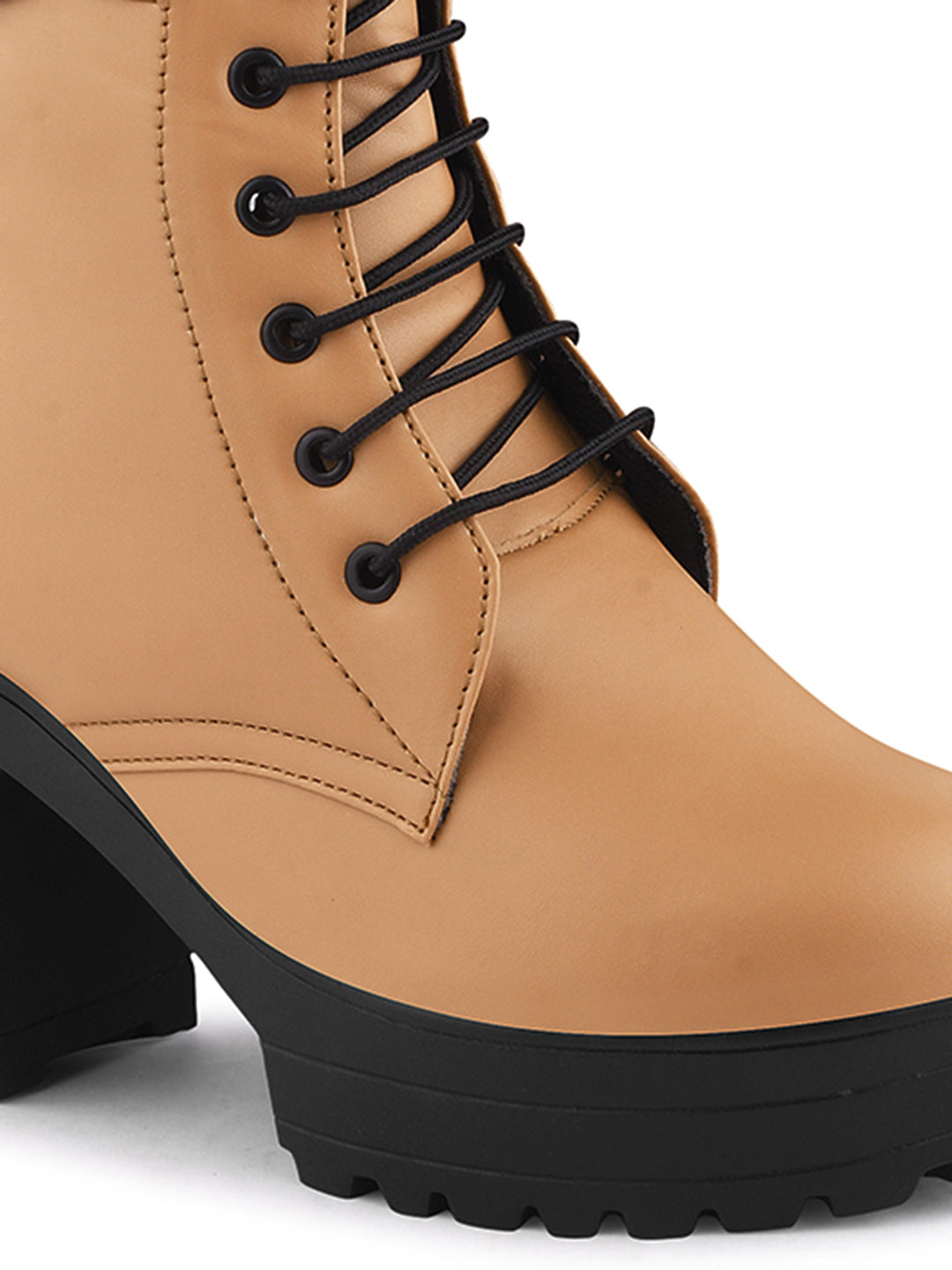 Jm Looks lace-up combat boots with a thick sole and a side buckle detail
Tan