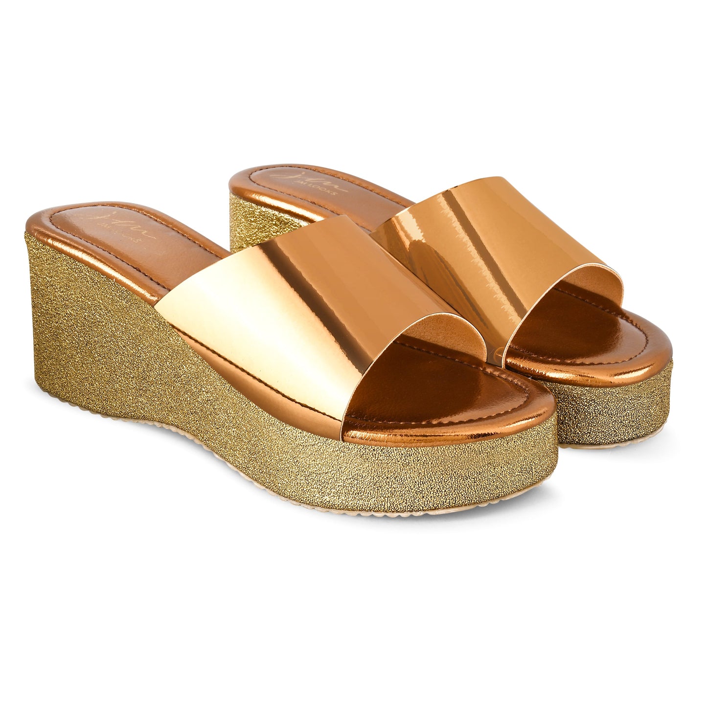 Stylish women’s metallic wedge heels with slip-on design Copper