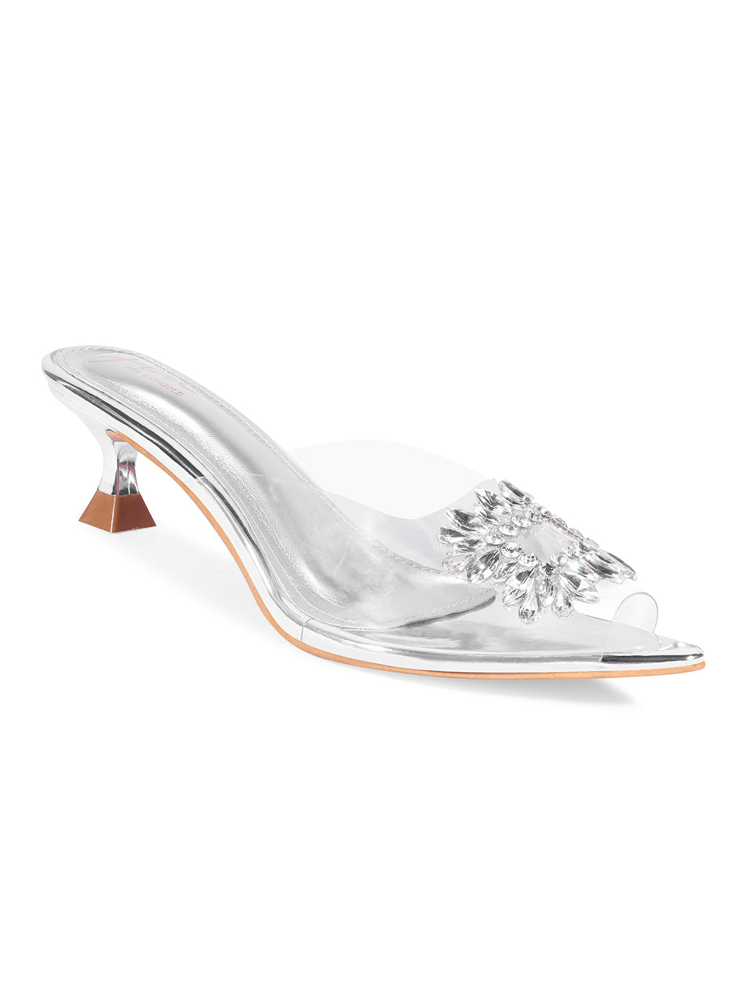 JM LOOKS Rhinestone Transparent Low Heels Sandals| Shop Now! Silver
