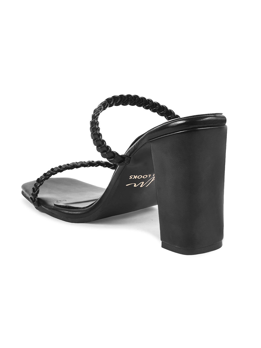JM Looks women's block heel mules with braided straps and a square toe
Black