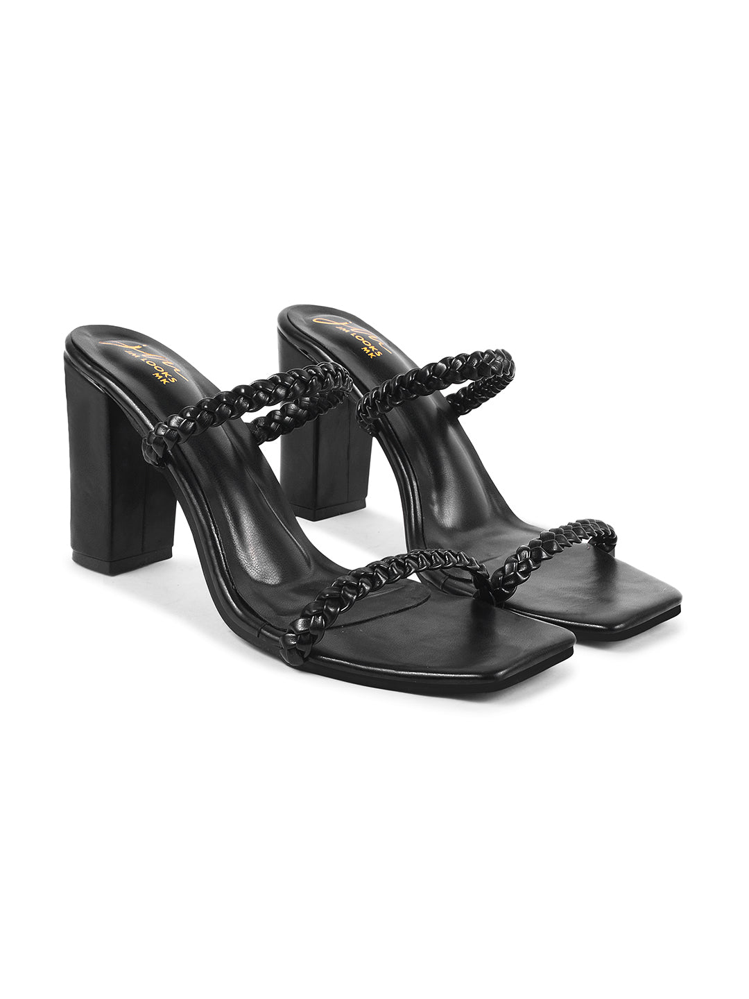 JM Looks women's block heel mules with braided straps and a square toe
Black