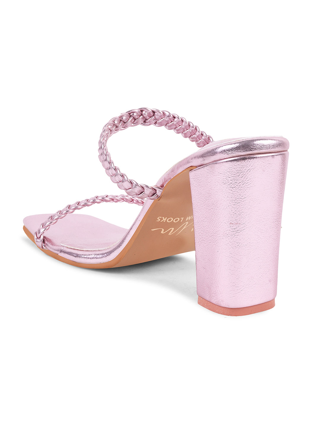 JM Looks women's block heel mules with braided straps and a square toe
Pink