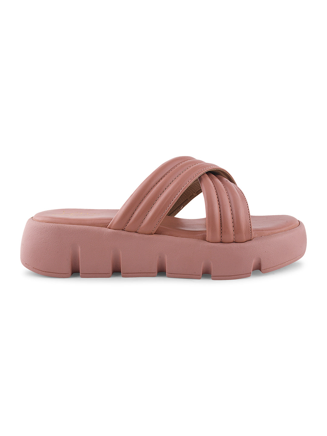 women's platform slides with wide, padded crisscross straps and a chunky lug sole
Peach