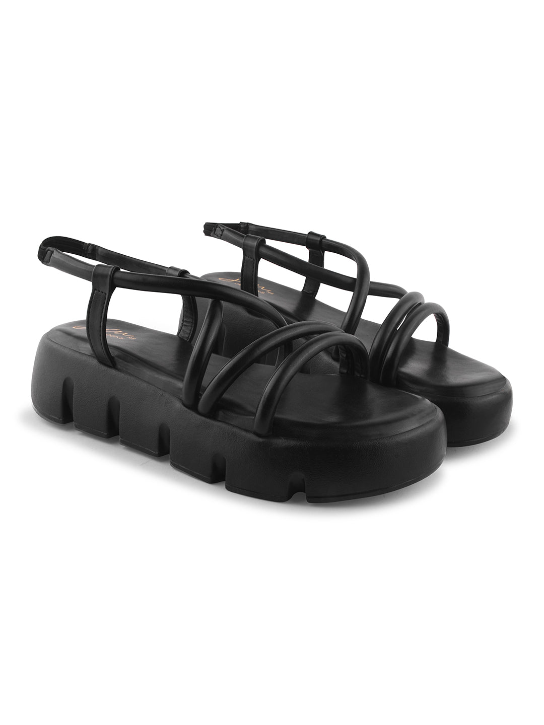 JM Looks strappy platform sandals with a lug sole and an ankle strap
Black