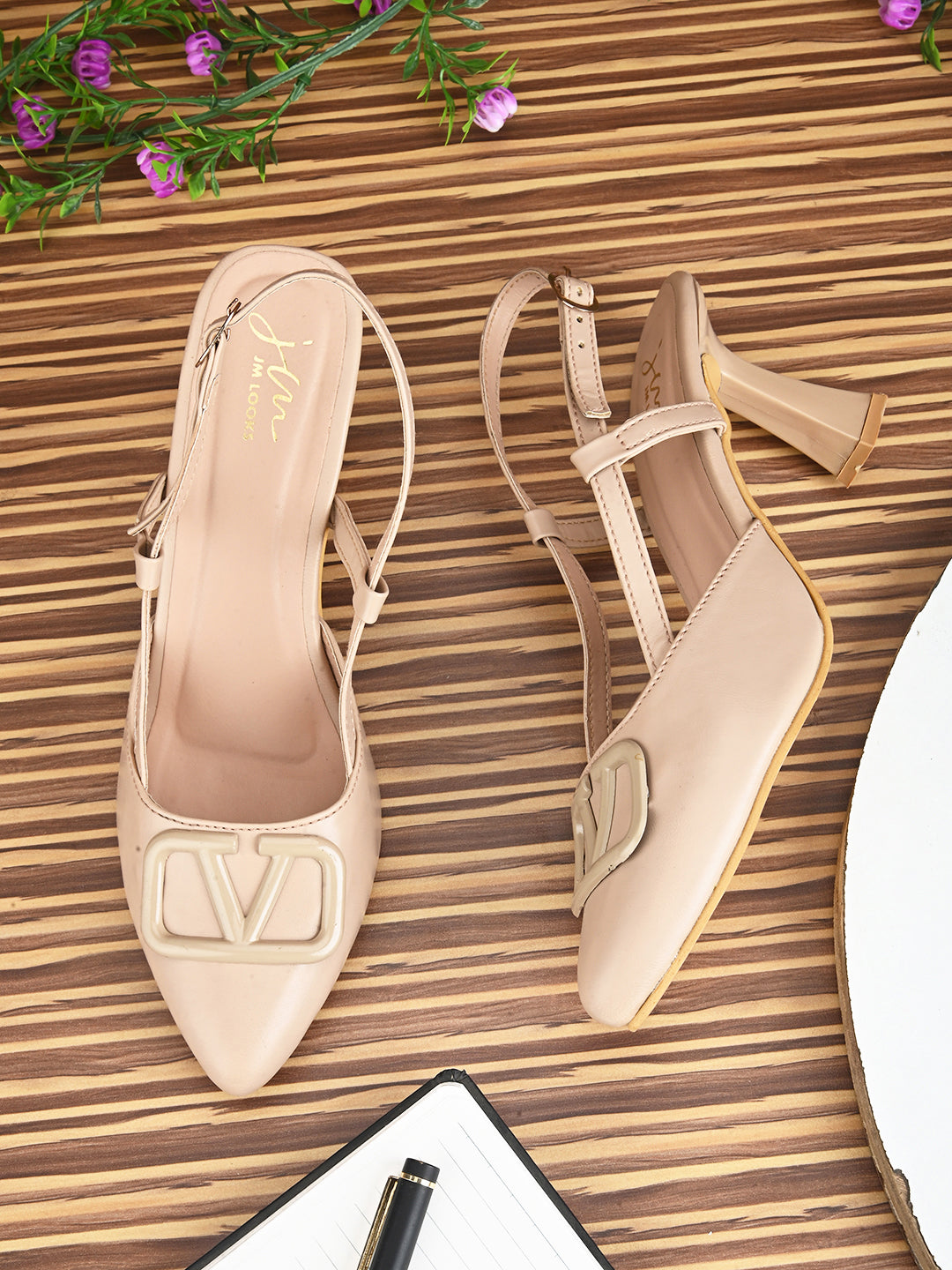 Typographic Applique Slingback Kitten Heels | Women's & Girls' Fashion Cream