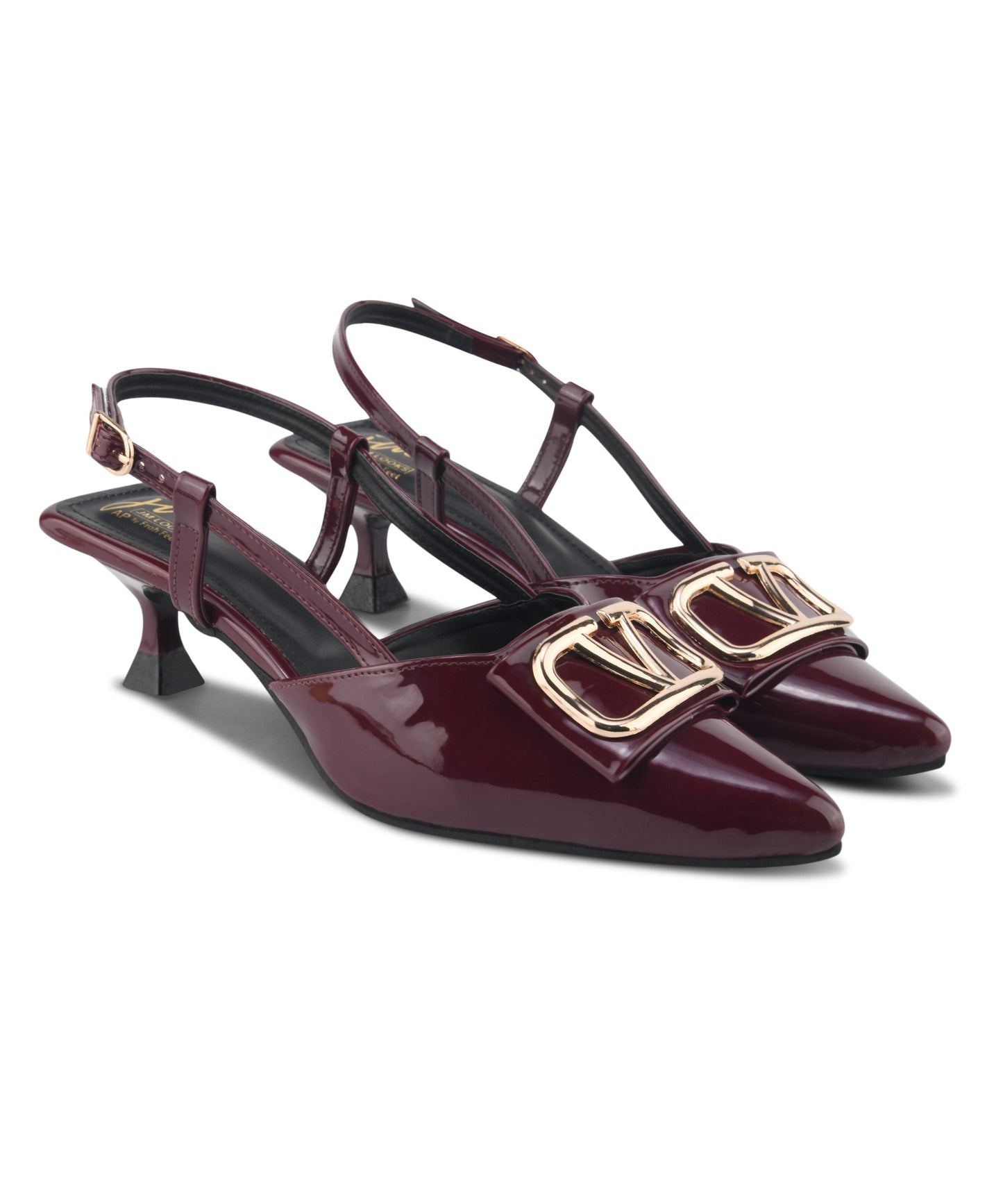 Kitten heels cherry patent pointed toe slingback with gold buckle ornament and flared spool heel