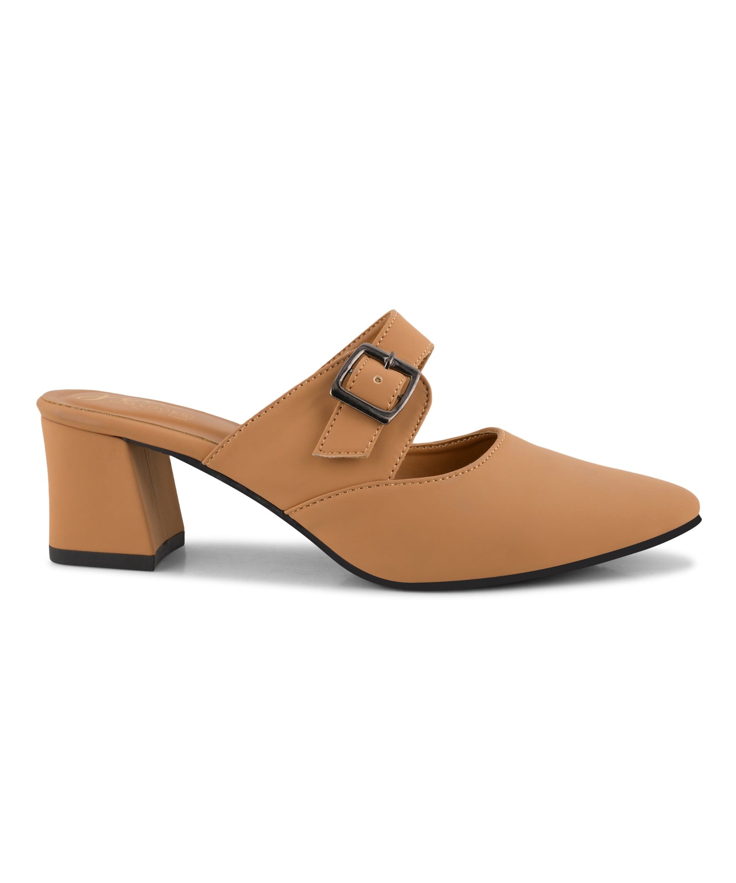 Buckle strap mules in beige with pointed toe and comfortable block heel for everyday office wear