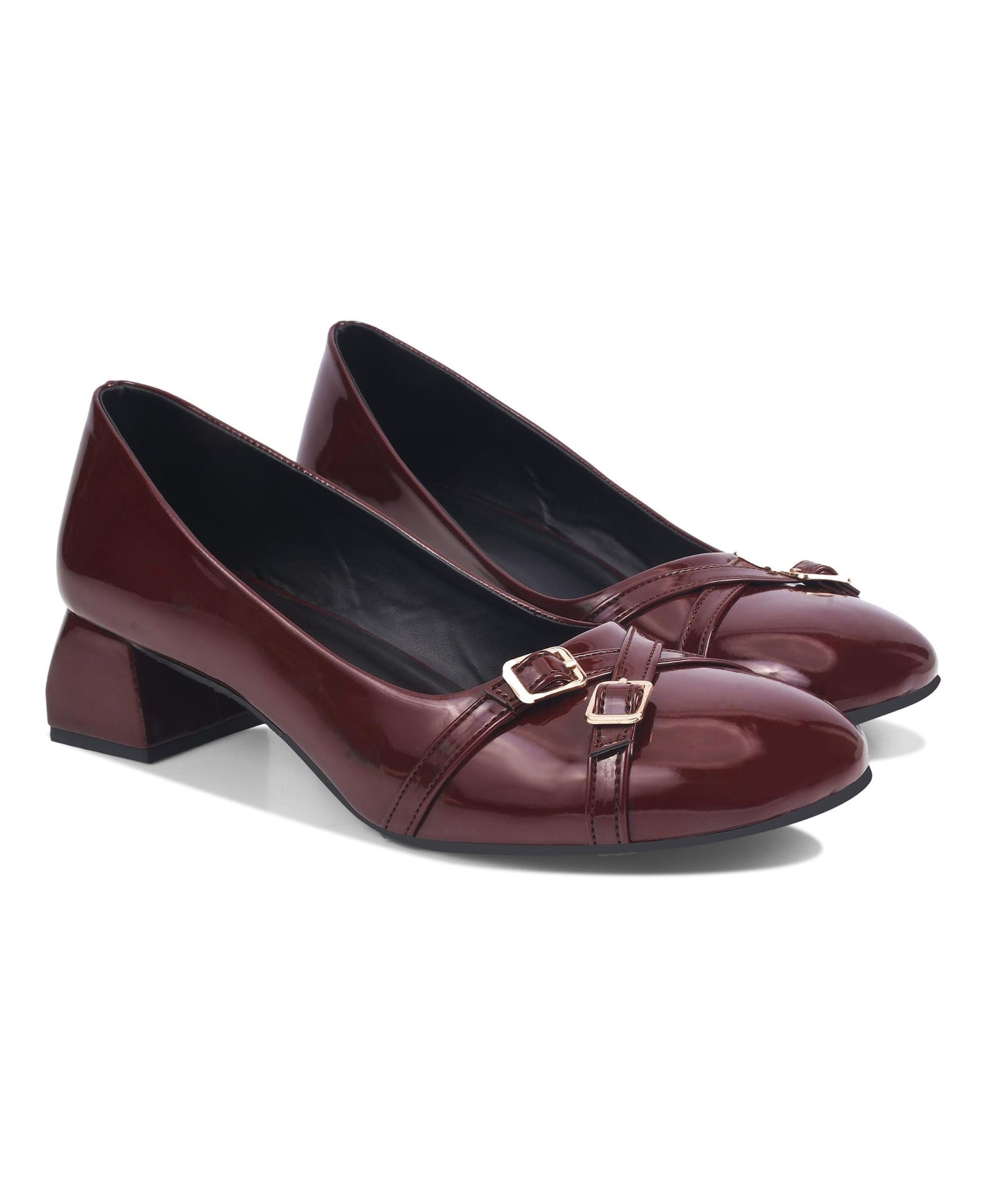 block heels for women in cherry patent finish with crisscross buckle straps and low square heel