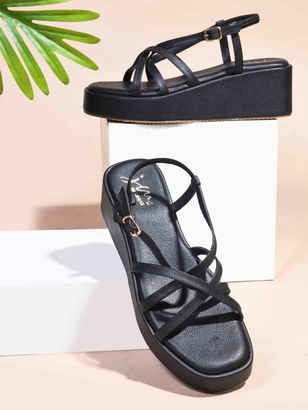 Jm Looks platform sandals with multiple criss-cross straps and an ankle buckle
 Black
