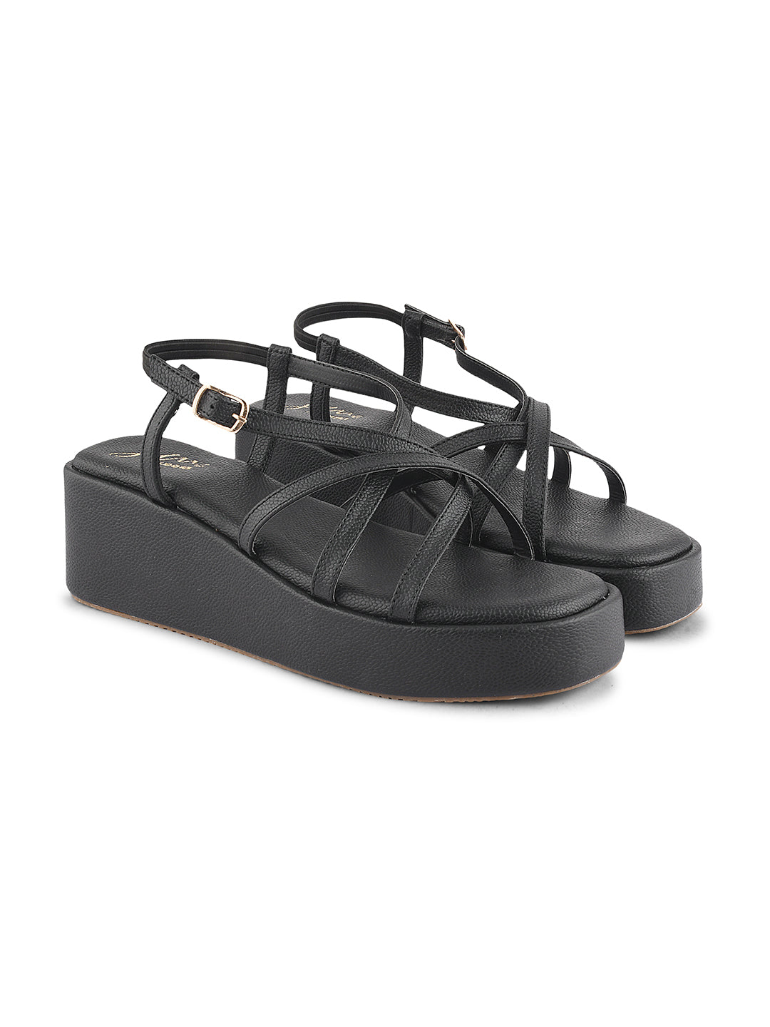 Jm Looks platform sandals with multiple criss-cross straps and an ankle buckle
 Black