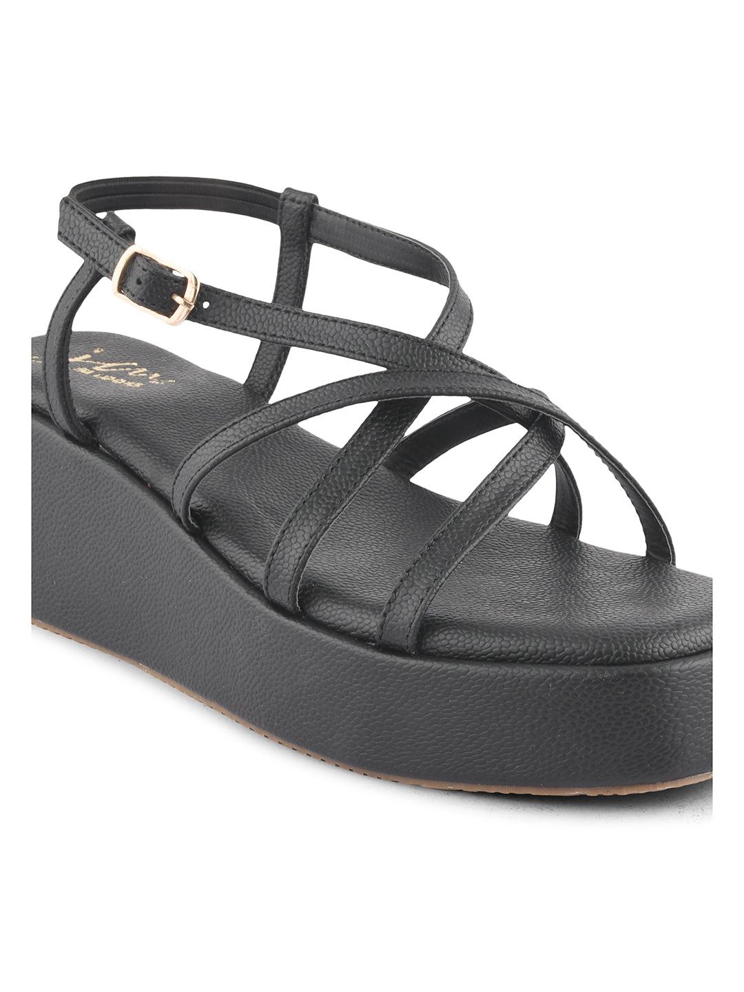 Jm Looks platform sandals with multiple criss-cross straps and an ankle buckle
 Black