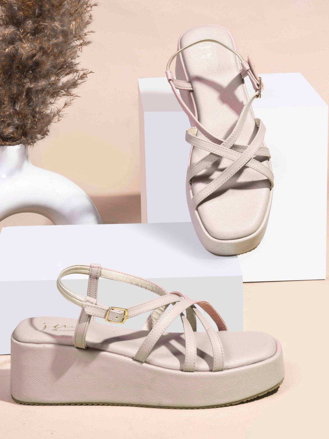 Jm Looks platform sandals with multiple criss-cross straps and an ankle buckle
 Nude