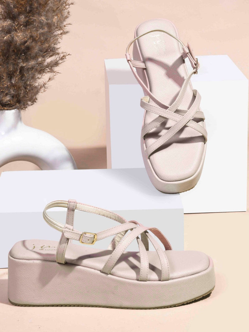 Jm Looks platform sandals with multiple criss-cross straps and an ankle buckle
 Nude