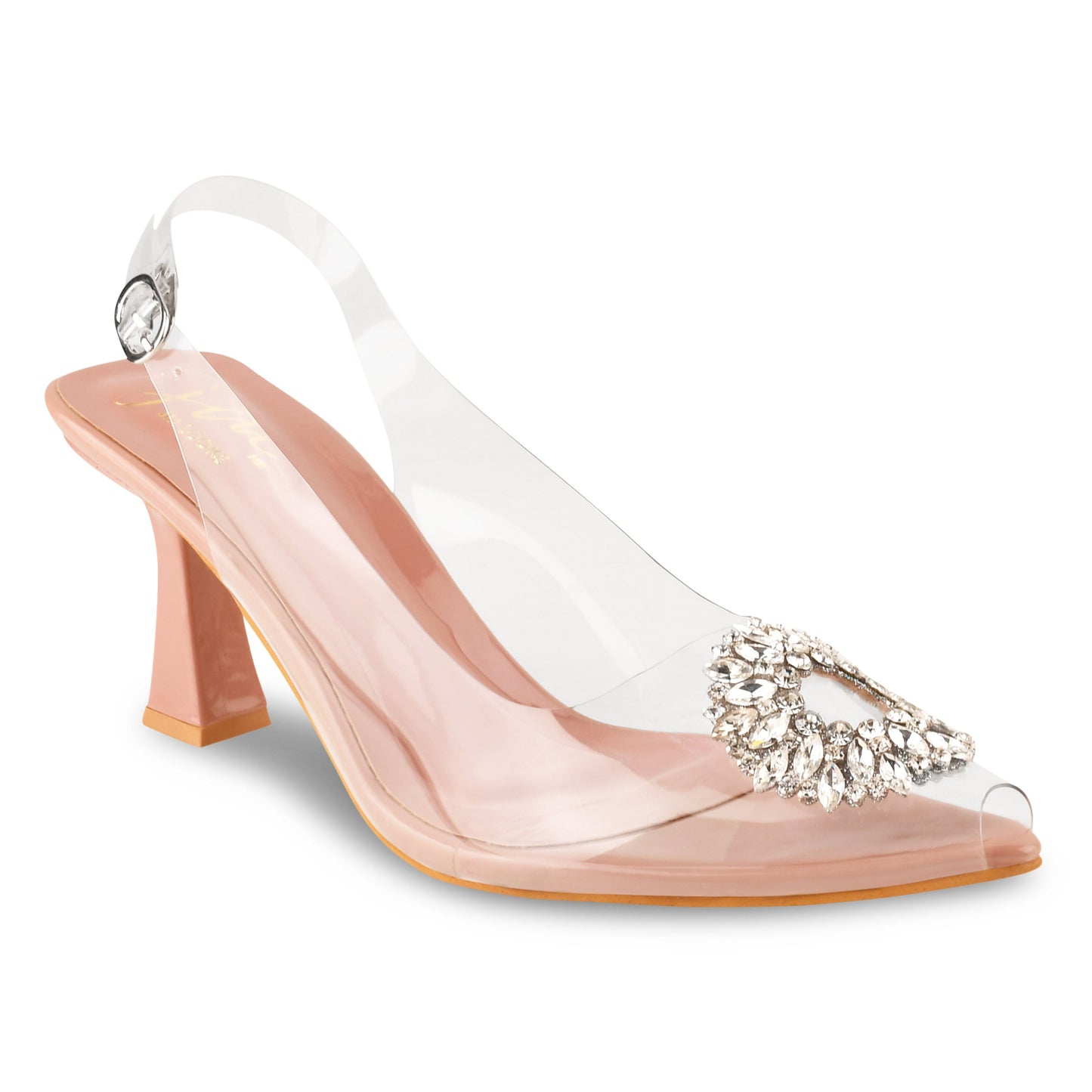 Transparent heels for women with crystal embellished brooch, pointed toe, slingback strap and peach kitten heel.
