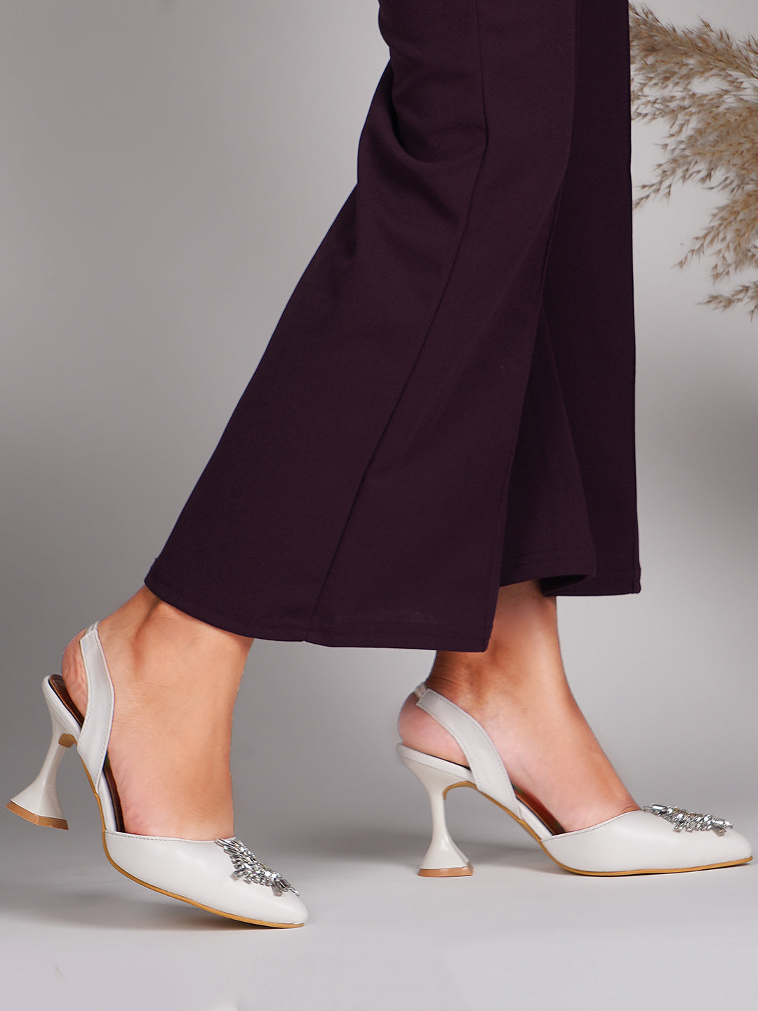 Embellished Kitten Heel Sandals with Ankle Strap for Women & Girls White