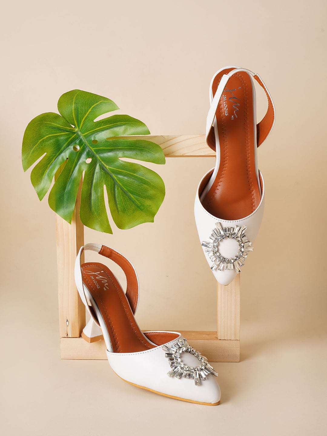 Embellished Kitten Heel Sandals with Ankle Strap for Women & Girls White