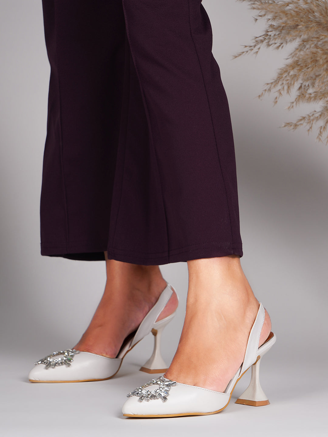Embellished Kitten Heel Sandals with Ankle Strap for Women & Girls White