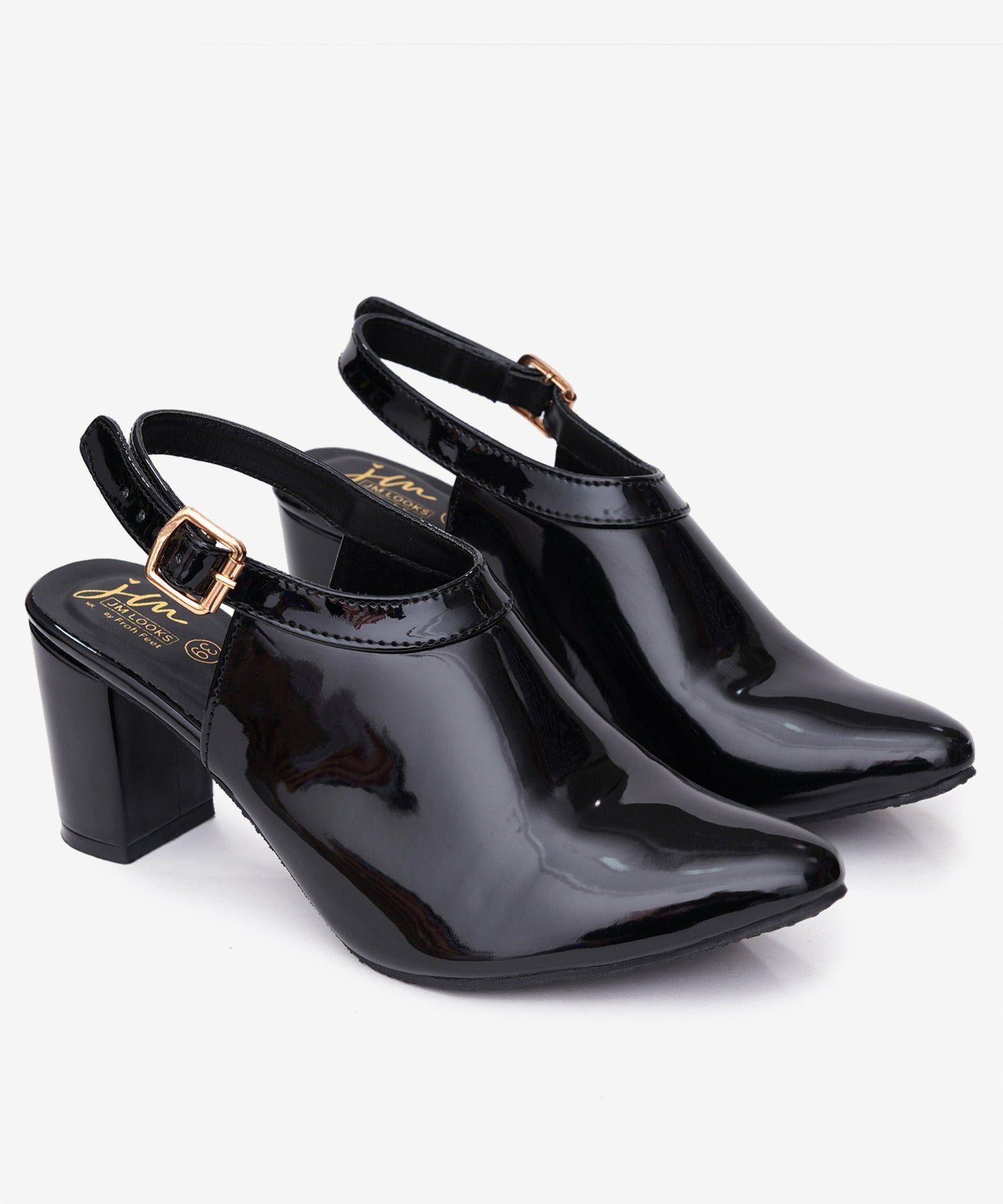 Block heel mules for women in black patent finish with pointed toe and adjustable back strap
