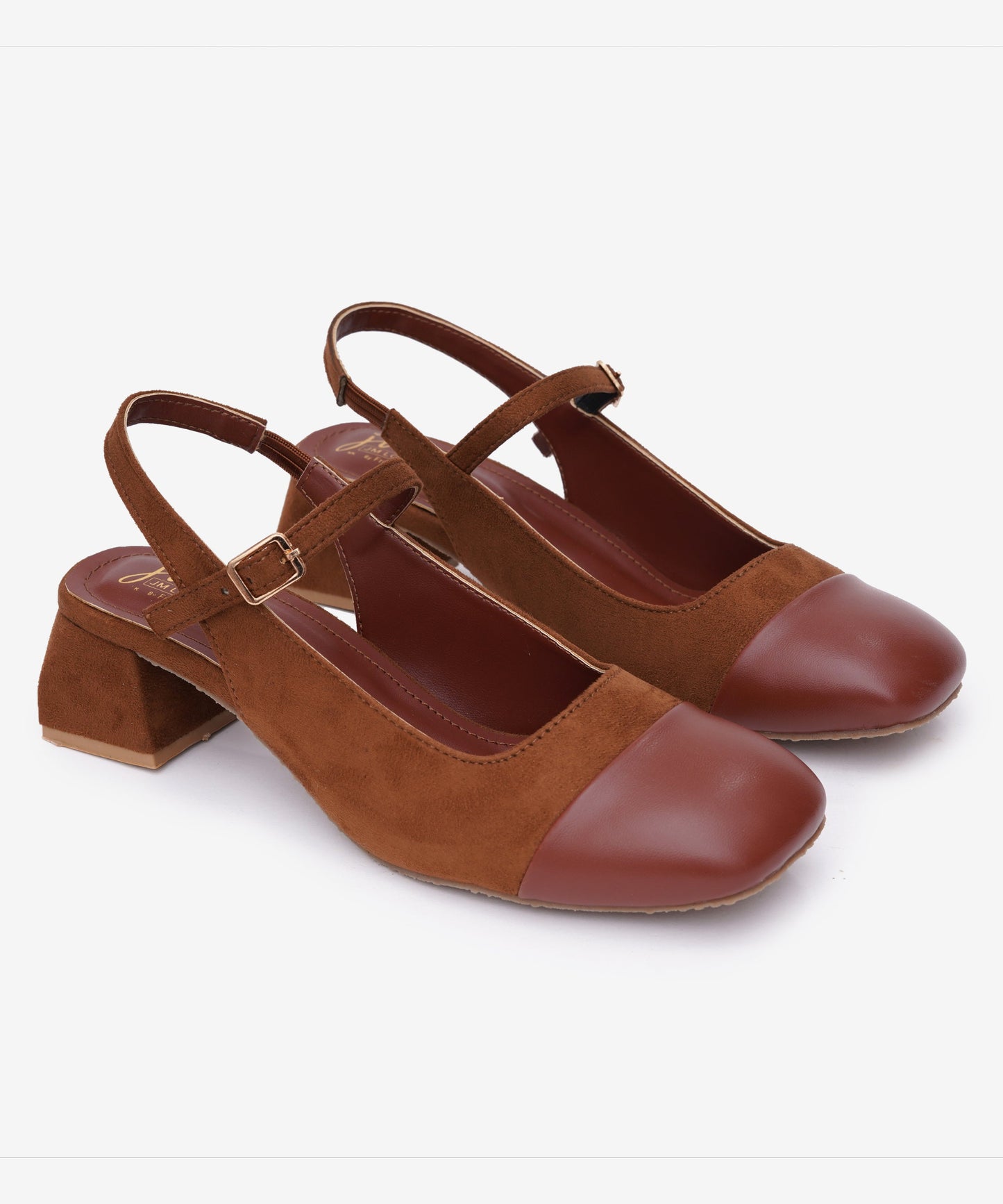 Tan slingback block heels for women with cap toe, suede finish, buckle strap, and square toe