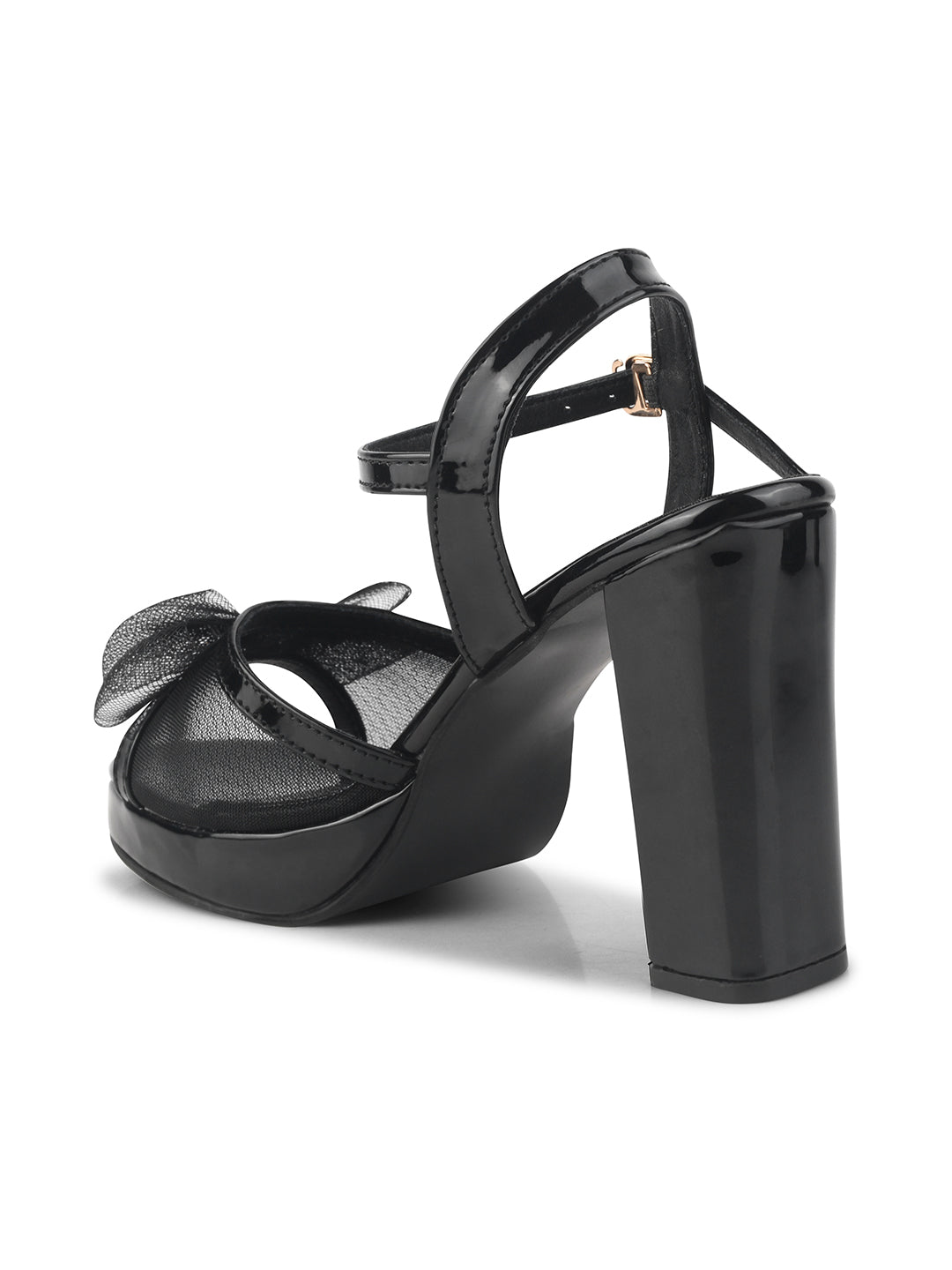 Jm Looks platform heels with a sheer bow detail on the front strap and an ankle strap
Black