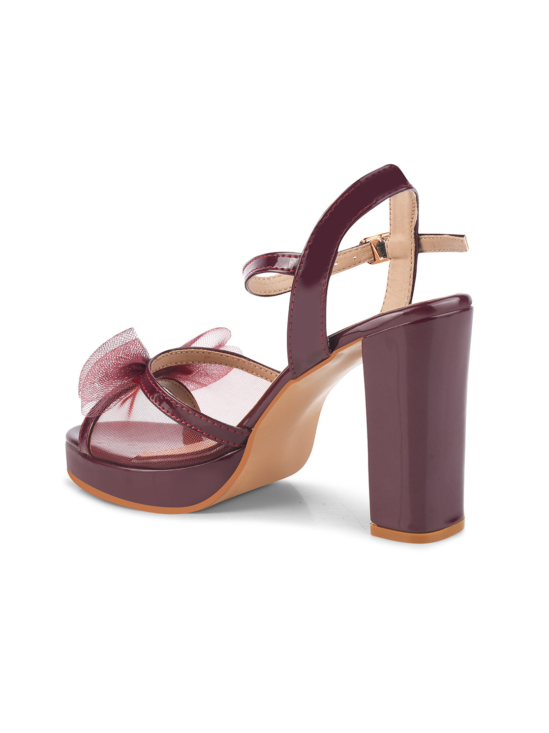 Jm Looks platform heels with a sheer bow detail on the front strap and an ankle strap
Cherry