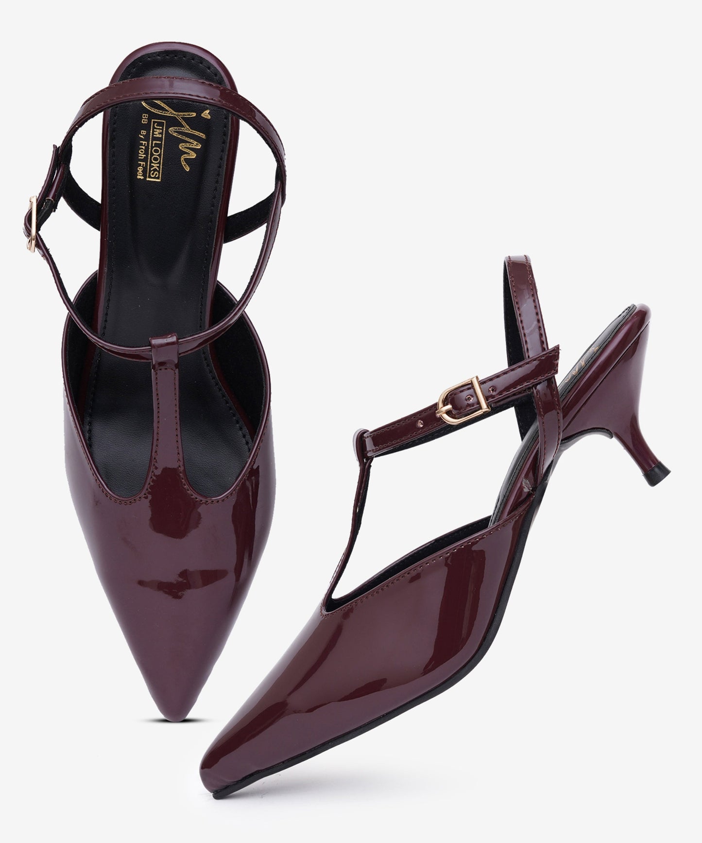Pointed-toe slingback kitten heels in glossy maroon patent finish with delicate T-strap and adjustable buckle ankle fastening.