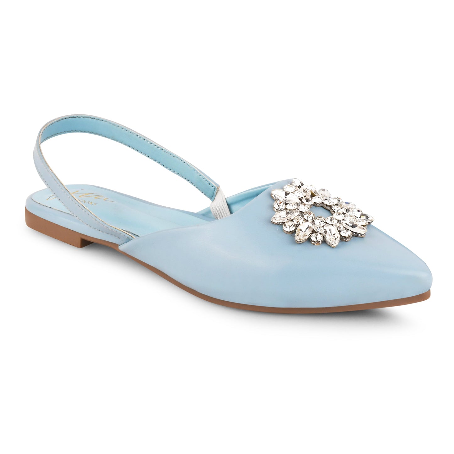 JM LOOKS, Slingback Bellie Flat Sandals with Rhinestones Sky Blue