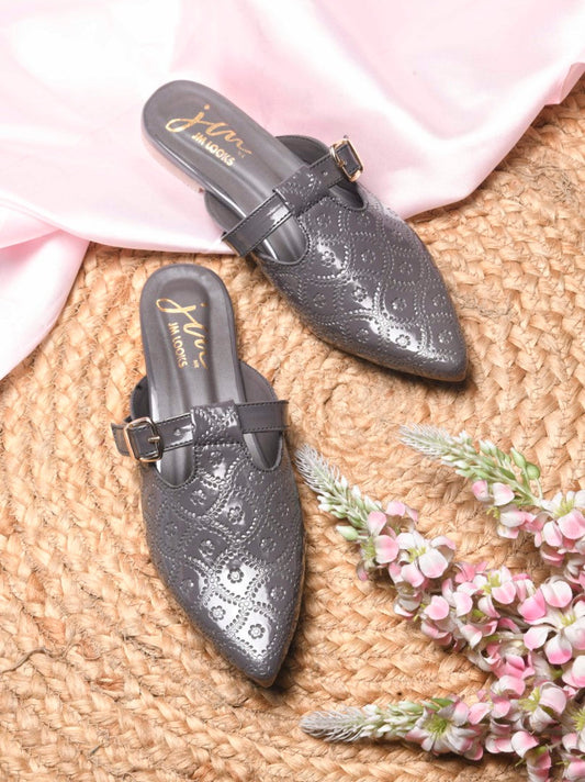JM Looks women's pointed-toe mules with an embossed pattern and a decorative buckle strap
 Grey