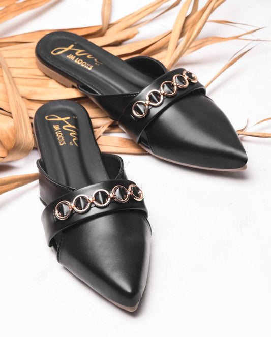 JM Looks women's pointed-toe mules with a strap adorned with circular metallic chain details
 Black