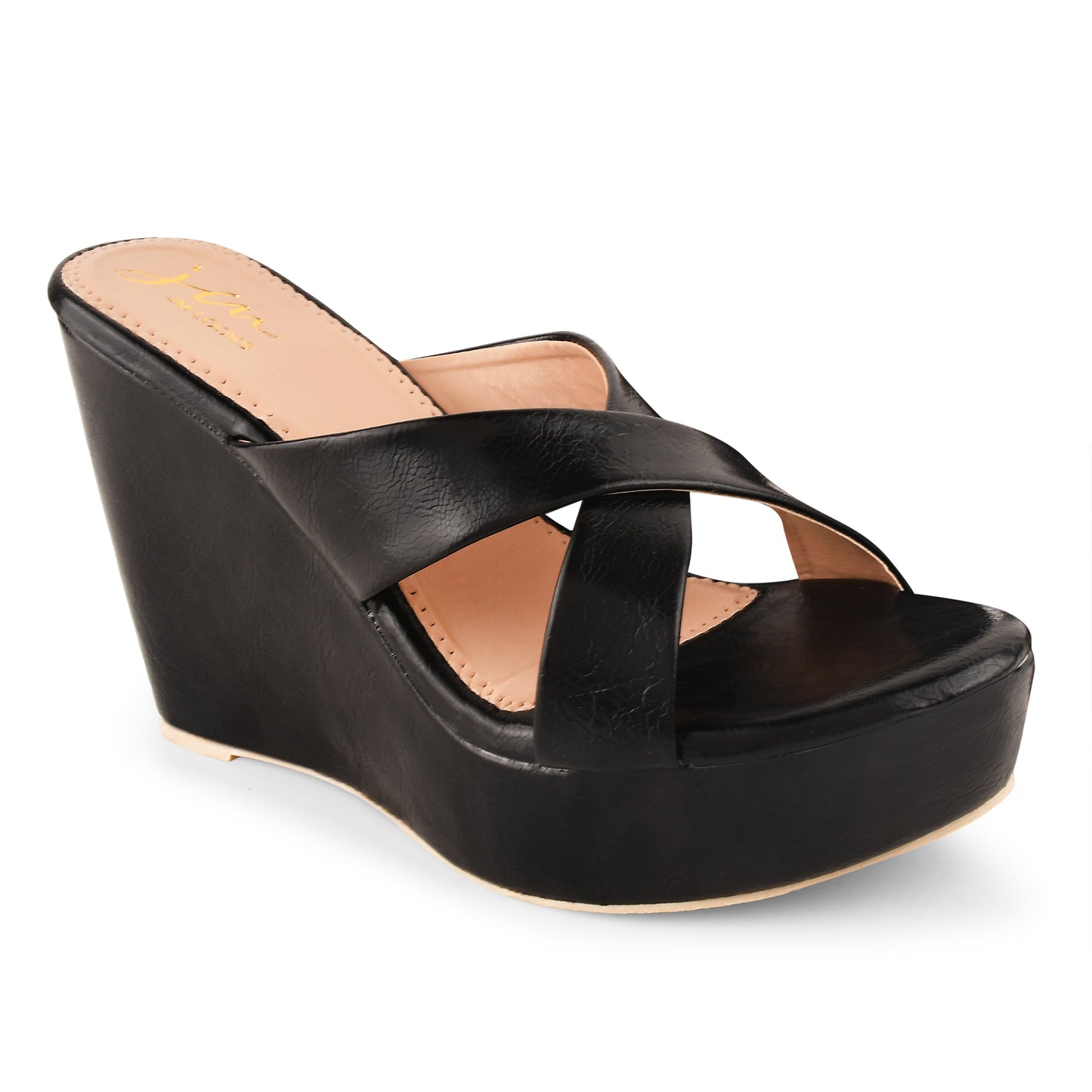 Jm Looks cross-strap wedge heels with a wide sole
Black