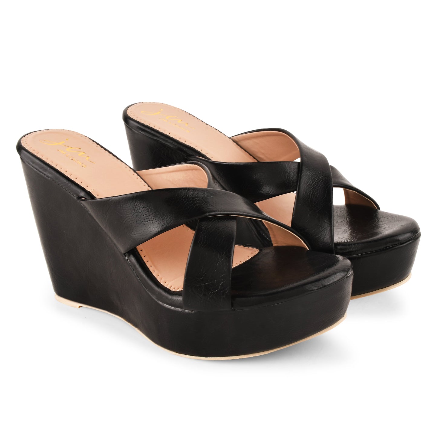 Jm Looks cross-strap wedge heels with a wide sole
Black