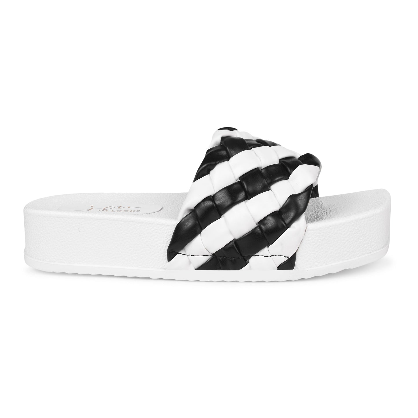 Woven dual-tone slip-on slides with cushioned padded straps on a chunky white platform footbed.