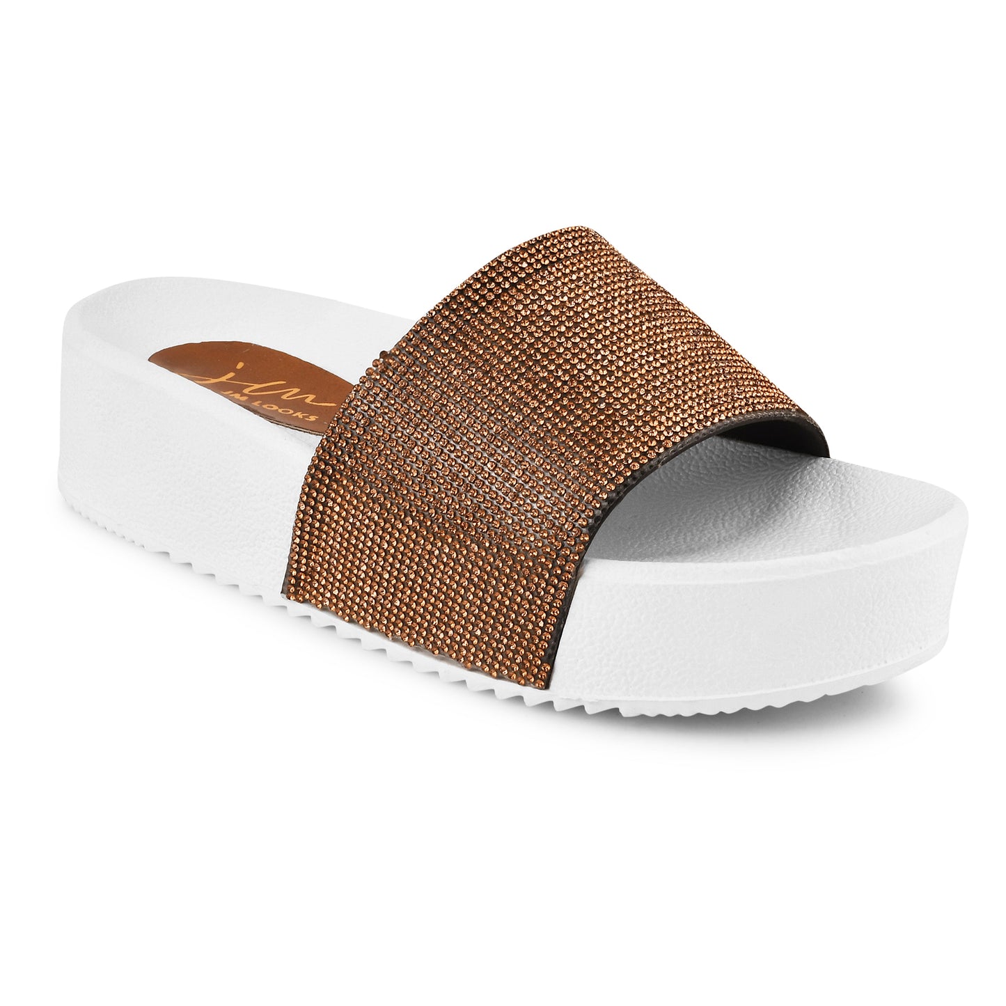 Jm Looks platform slides with a sparkling wide strap and a thick sole
Copper