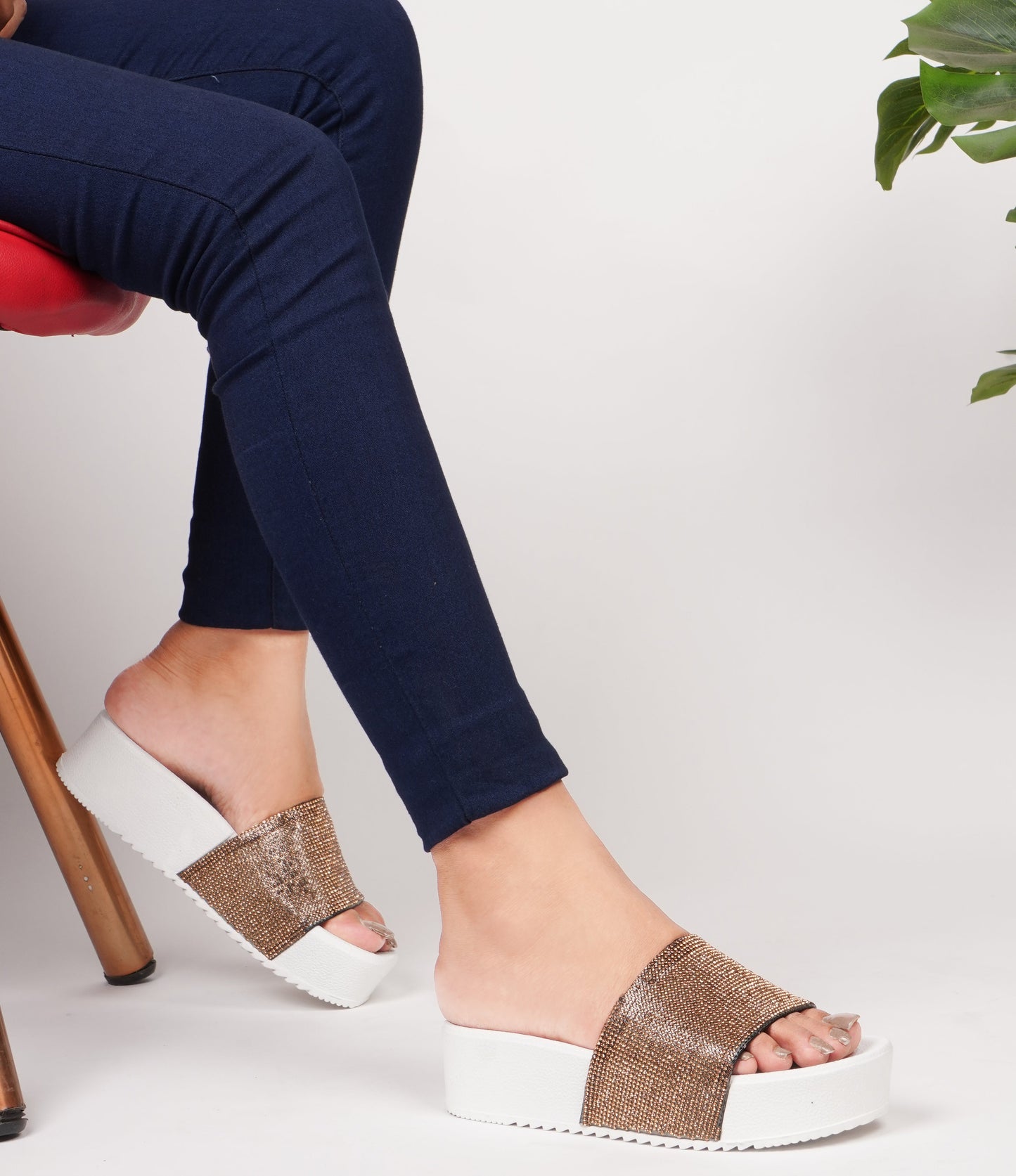 Jm Looks platform slides with a sparkling wide strap and a thick sole
Copper