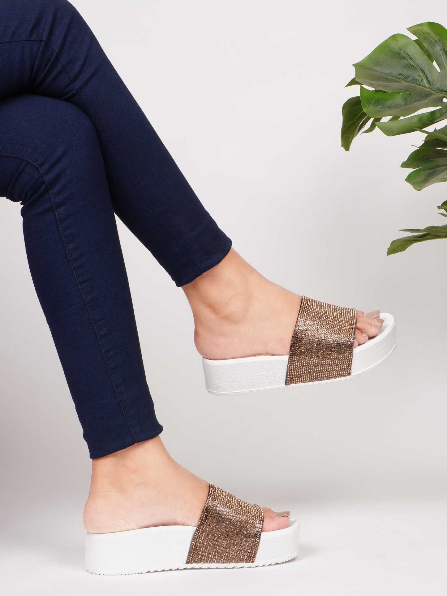 Jm Looks platform slides with a sparkling wide strap and a thick sole
Copper