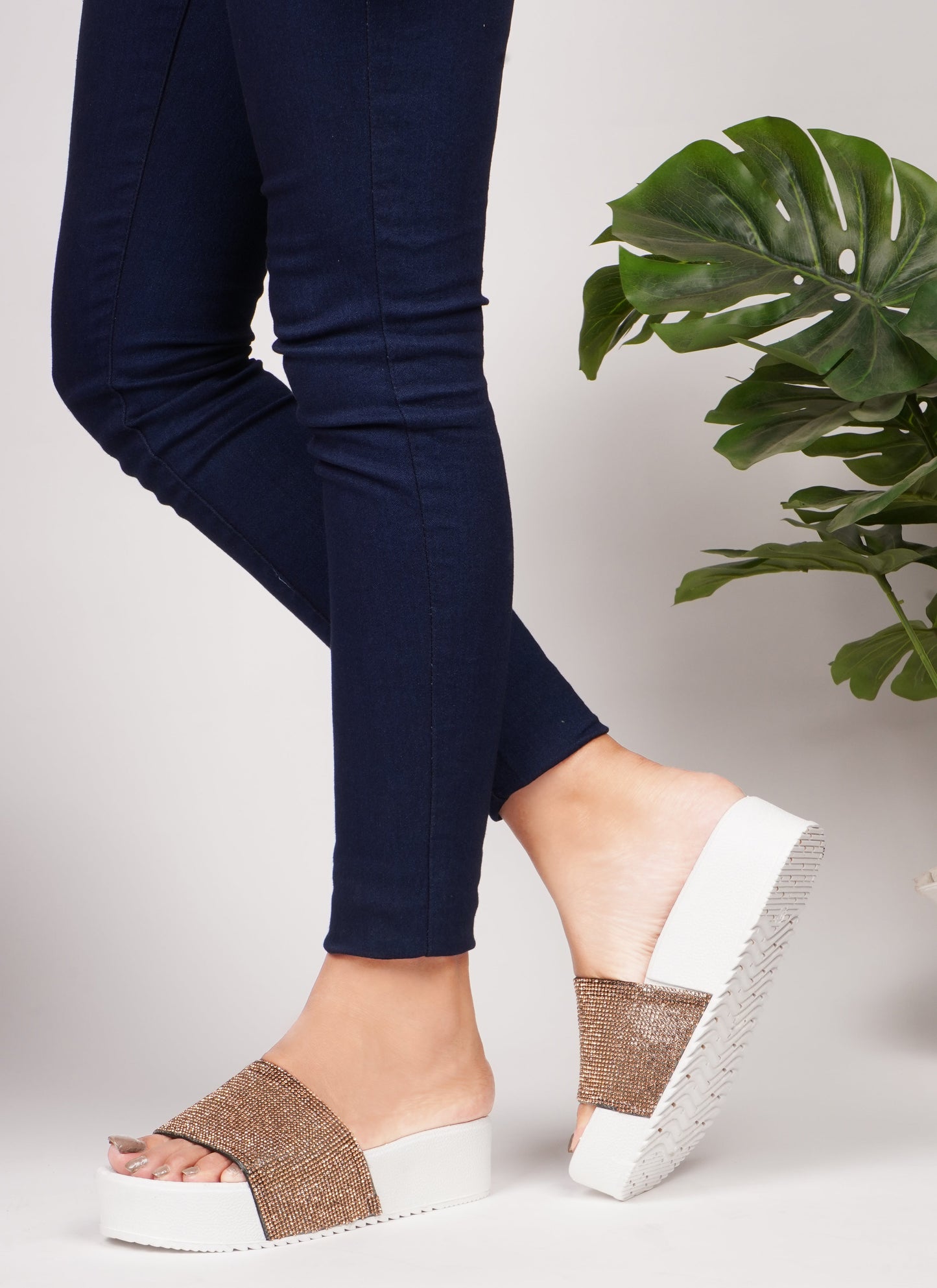 Jm Looks platform slides with a sparkling wide strap and a thick sole
Copper