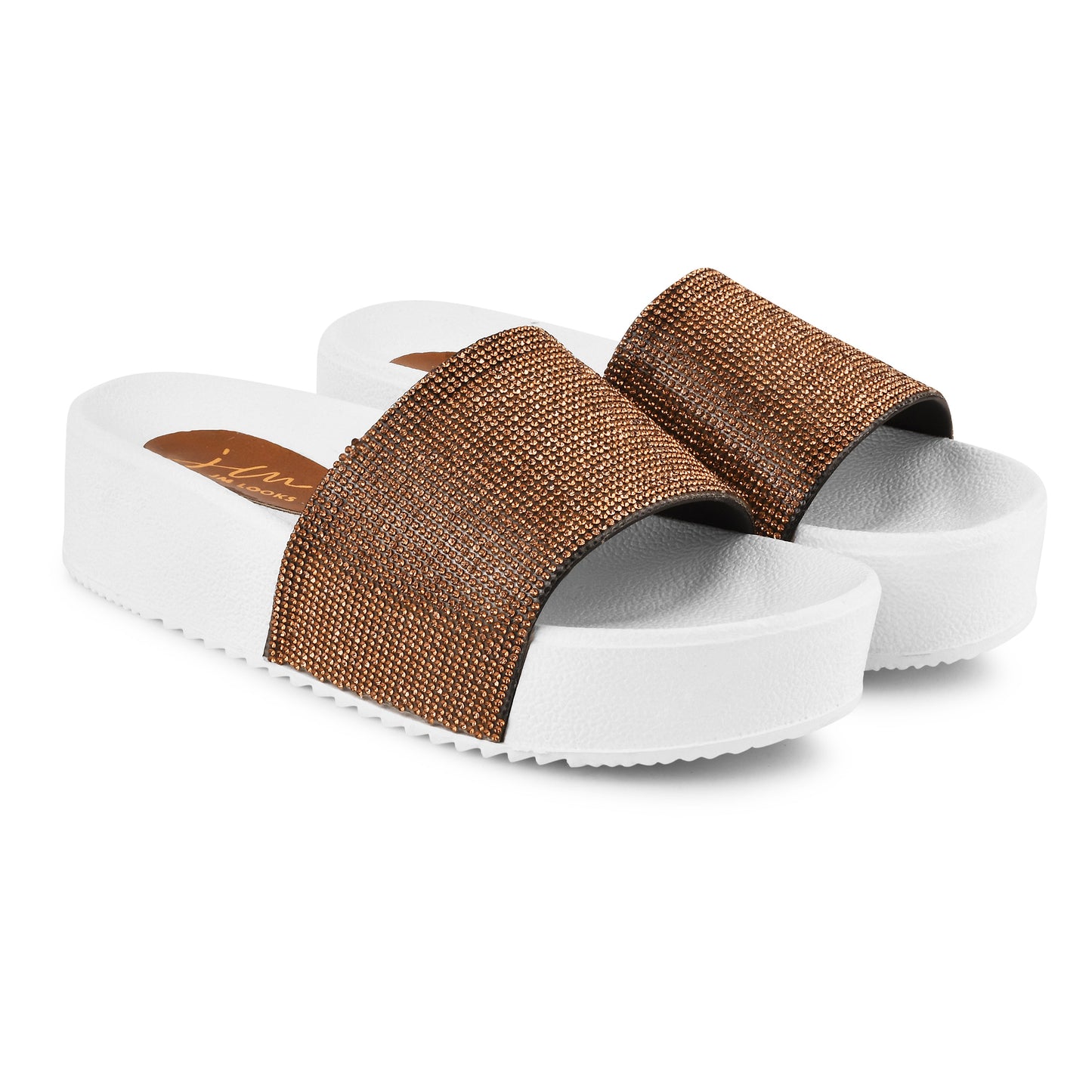 Jm Looks platform slides with a sparkling wide strap and a thick sole
Copper