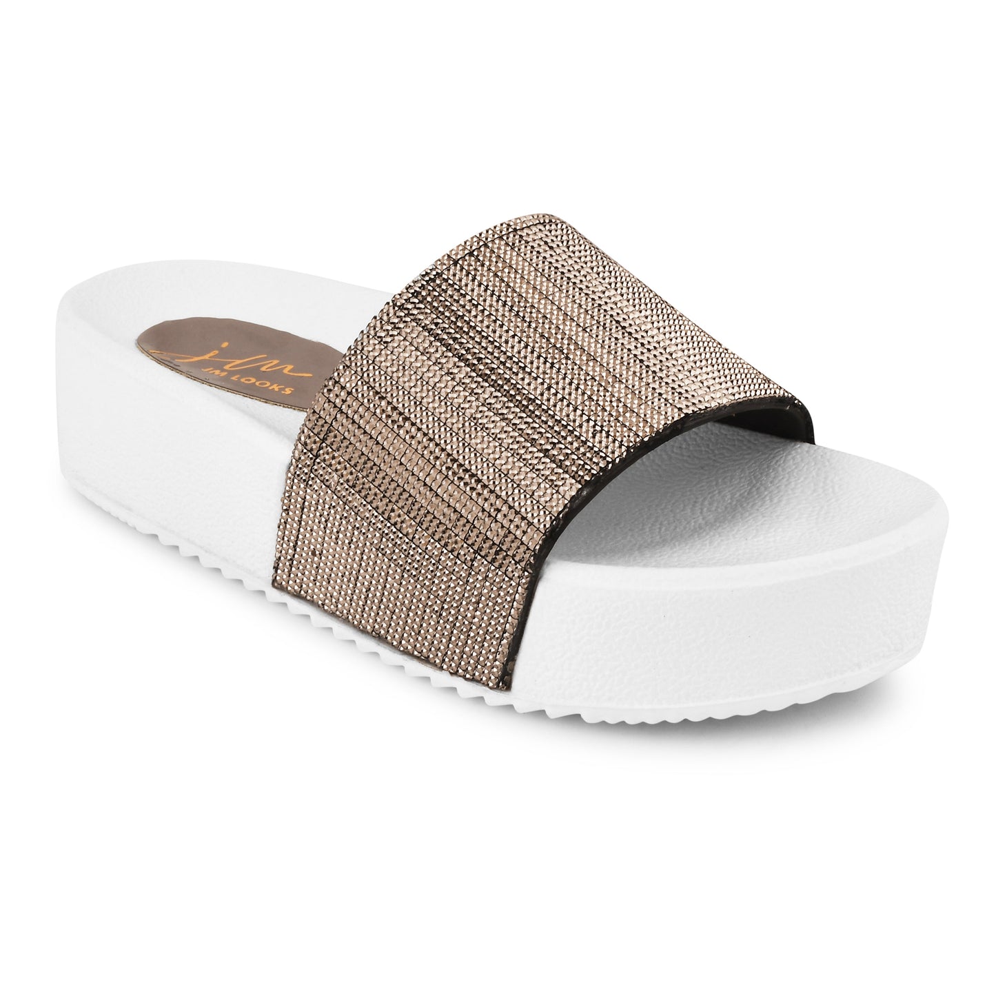 Jm Looks platform slides with a sparkling wide strap and a thick sole
Grey