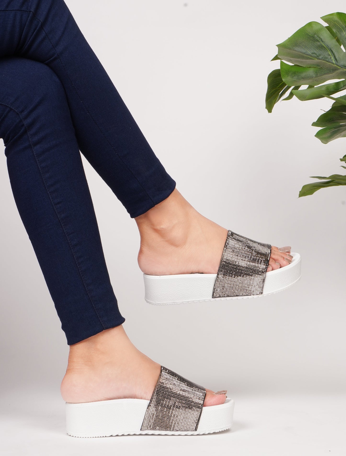 Jm Looks platform slides with a sparkling wide strap and a thick sole
Grey