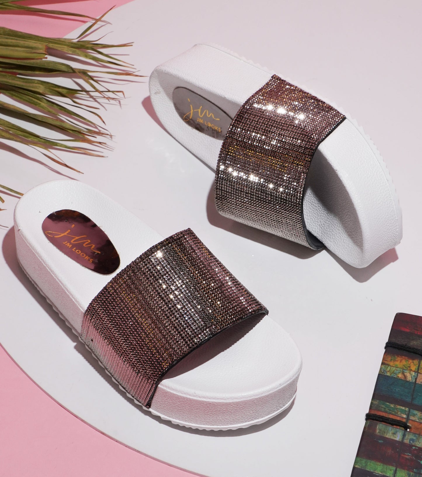 Jm Looks platform slides with a sparkling wide strap and a thick sole
Grey