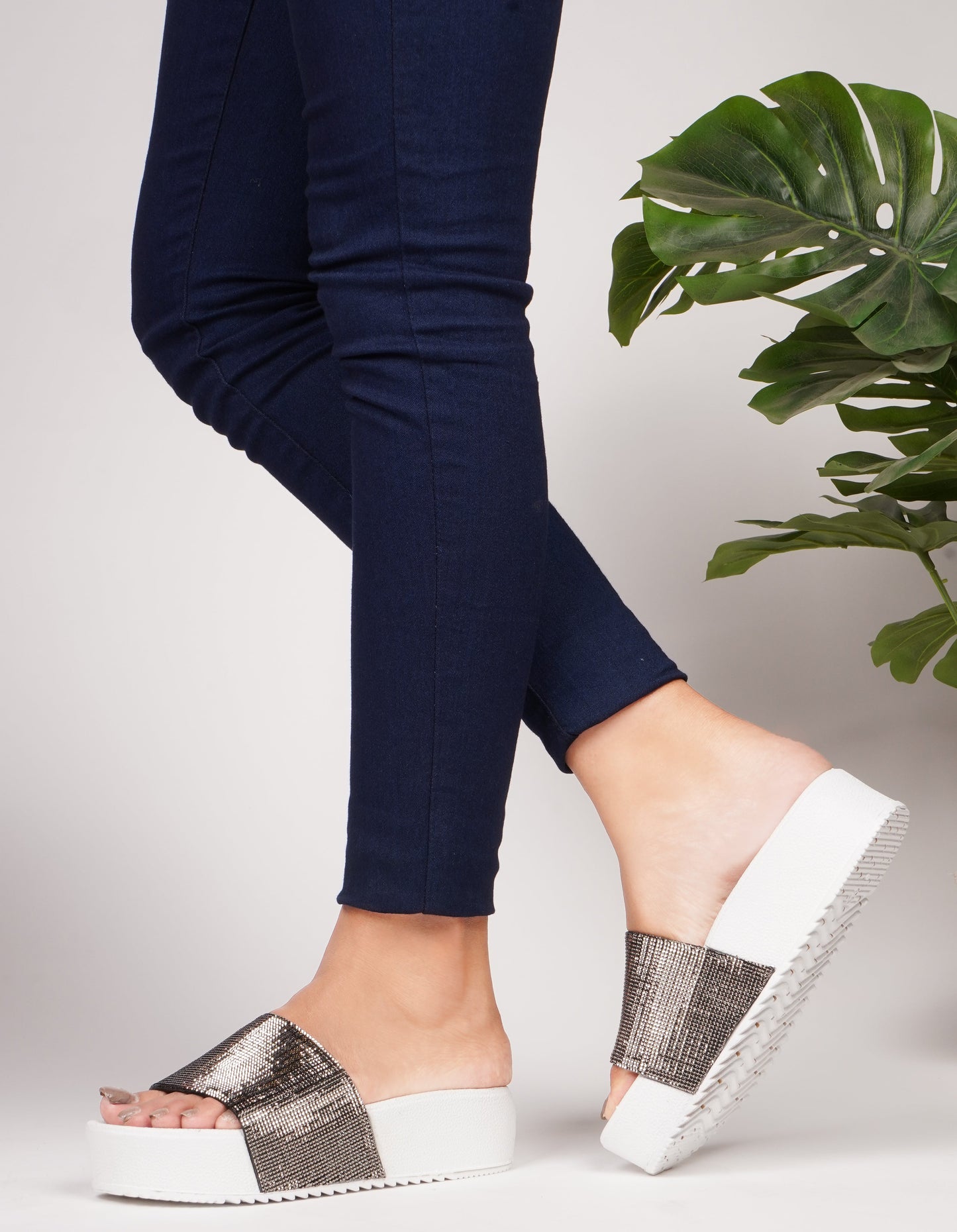 Jm Looks platform slides with a sparkling wide strap and a thick sole
Grey