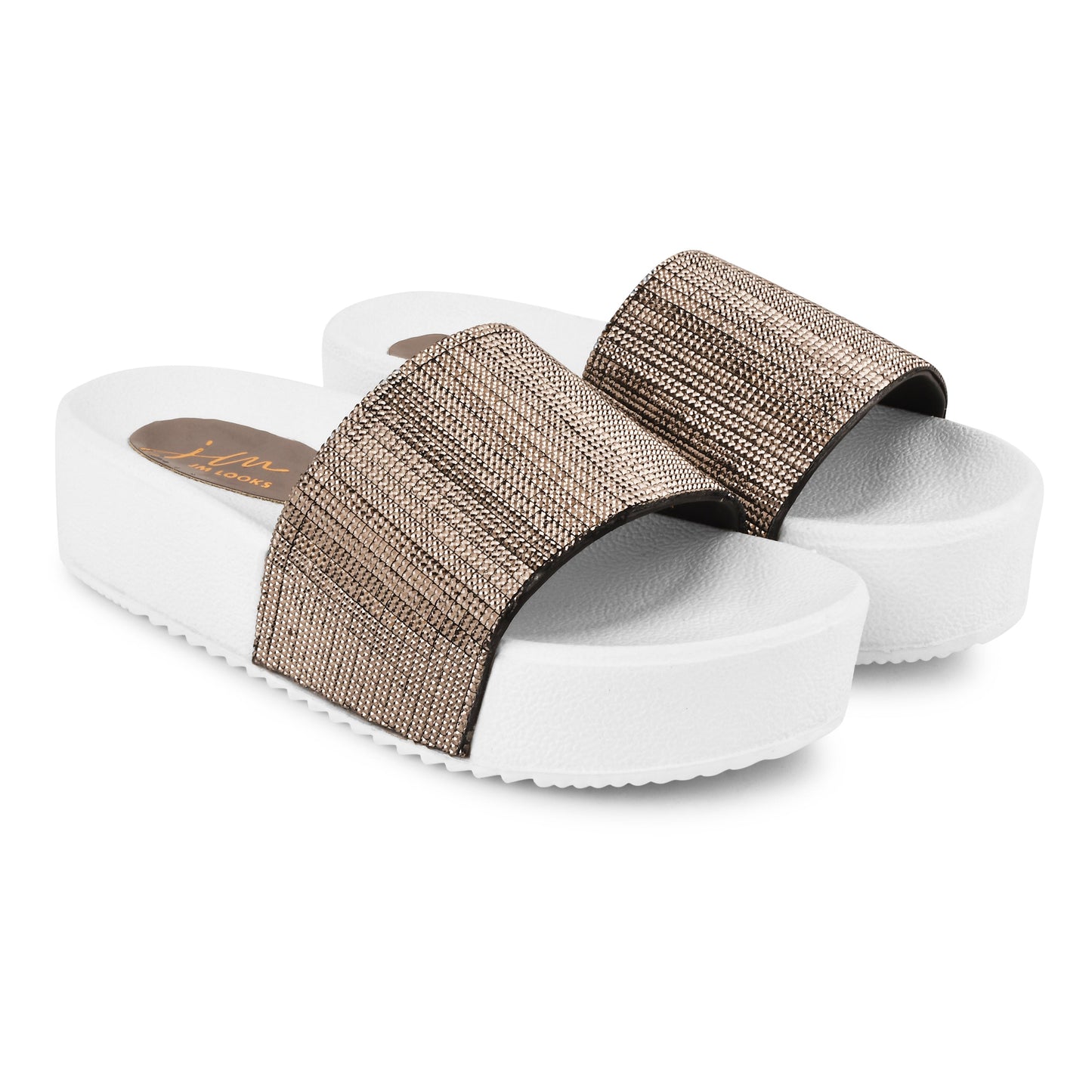 Jm Looks platform slides with a sparkling wide strap and a thick sole
Grey